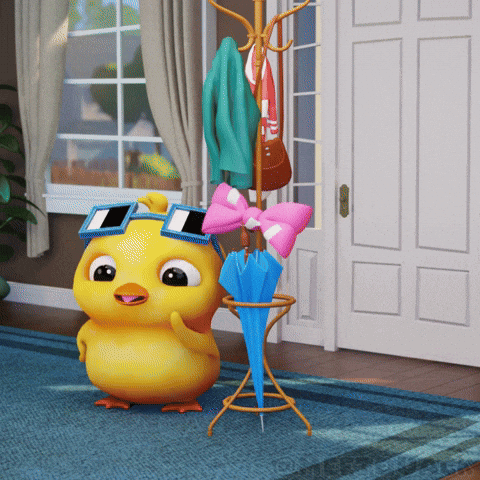 a cartoon chicken wearing sunglasses stands next to an umbrella