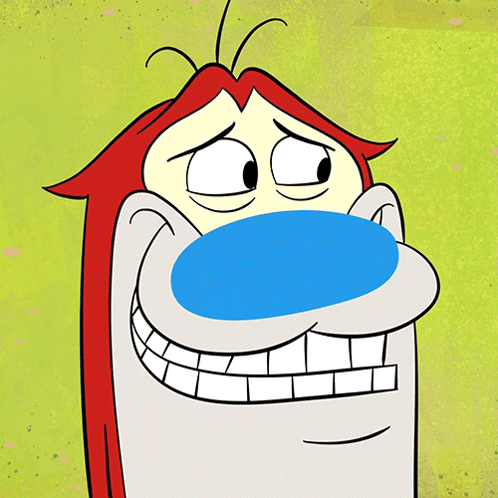 Stimpy grins anxiously with a huge blue nose and clenched teeth.