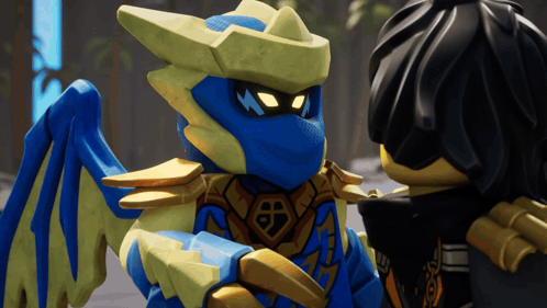 a ninjago character with a blue and yellow outfit stands next to another character