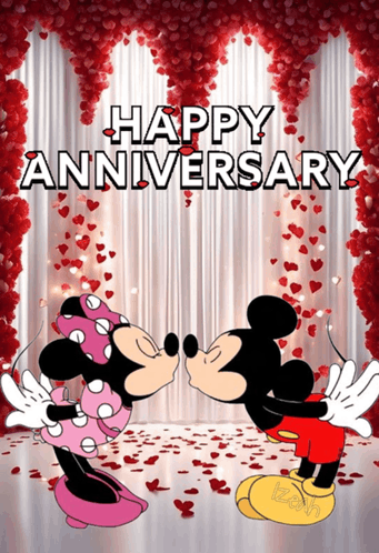mickey mouse and minnie mouse kissing in front of a happy anniversary banner