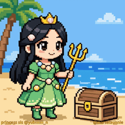 a pixel art of a girl in a green dress holding a trident