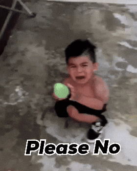 A child in water pleads with the caption “Please No.”