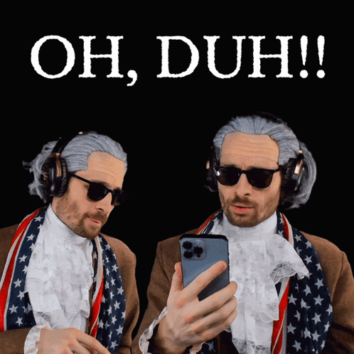 Two illustrated men in headphones look at a phone beneath “OH, DUH!!”.