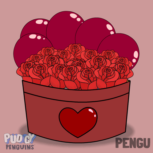 a box of red roses and red balloons has a heart on the side