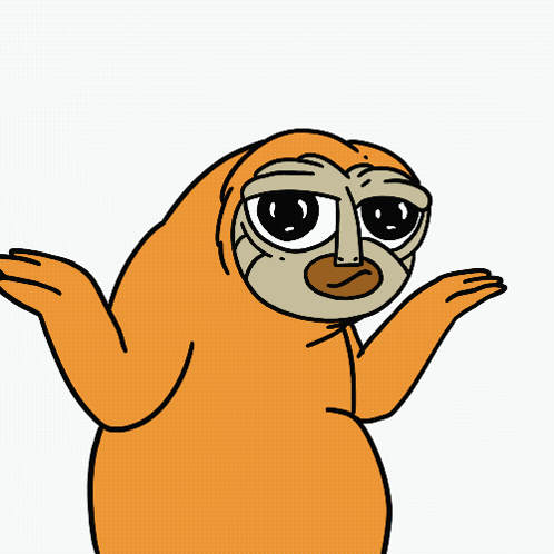 An orange cartoon sloth raises both arms in a shrug on white.