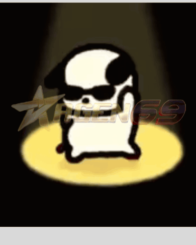 A small animated character dances under a spotlight.