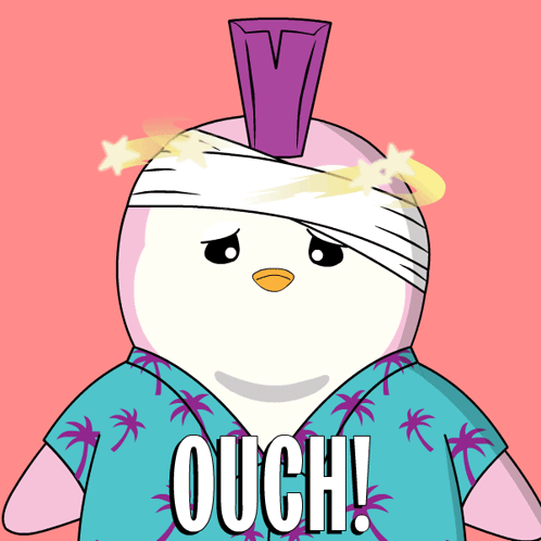 A bandaged cartoon penguin grimaces beneath a huge “OUCH!” caption.