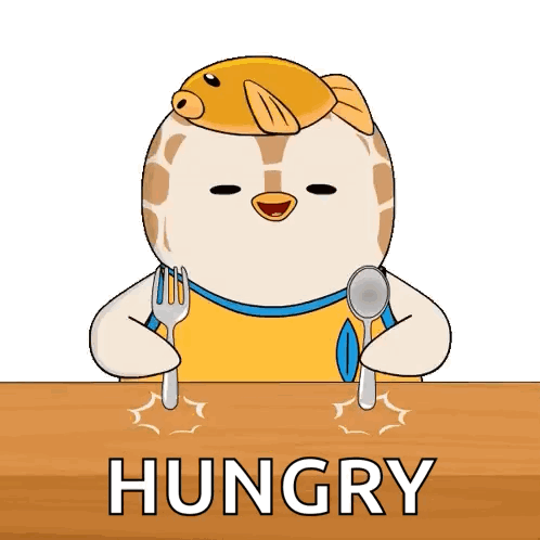 A cartoon penguin in a bib holds fork and spoon at a table with “HUNGRY.”