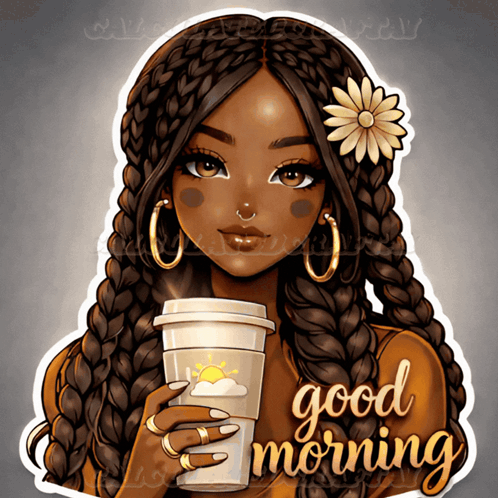 an illustration of a girl holding a cup of coffee with the words good morning written on it