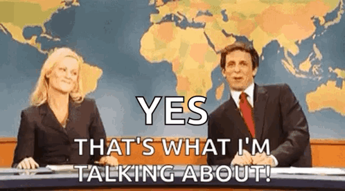 Two news anchors raise their hands for a high five over a world map.