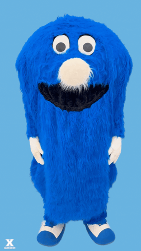 A blue furry mascot character gives a thumbs up.