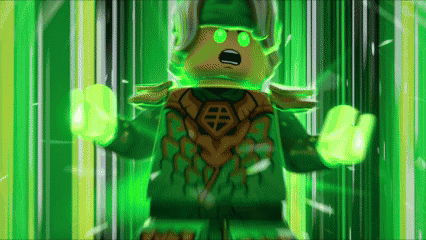 a ninjago character with green eyes and a sword on his chest