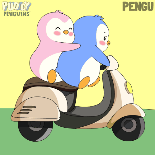 two penguins are riding on a scooter with the word pengu on the bottom