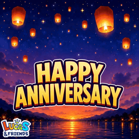 a lucas and friends anniversary greeting card with lanterns in the sky
