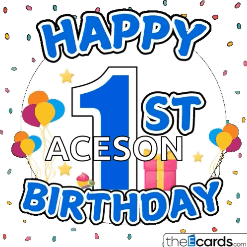 a 1st birthday card for aceson with balloons and presents