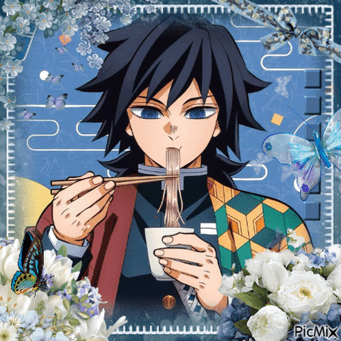 a picture of a man eating noodles with chopsticks with flowers and butterflies around it