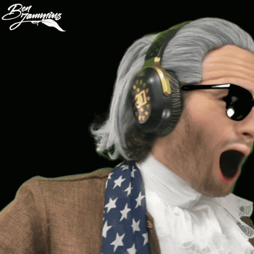 a man wearing headphones and sunglasses with ben jamming written on the bottom right
