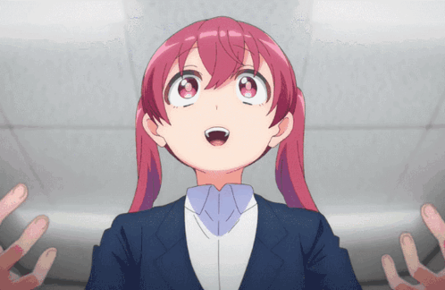 a girl with pink hair is wearing a suit