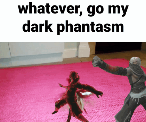 a meme that says whatever go my dark phantasm with a picture of two people on a pink rug