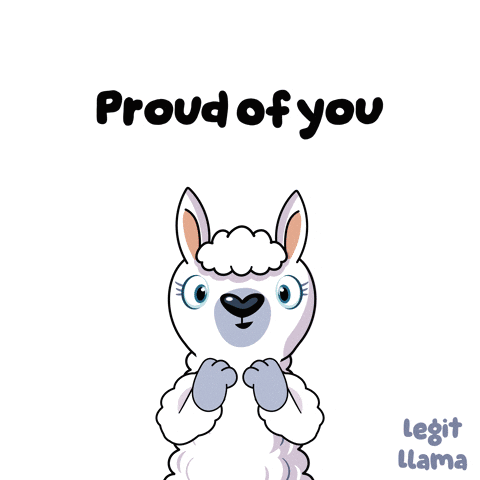 a cartoon llama with a fist in the air and the words proud of you yes