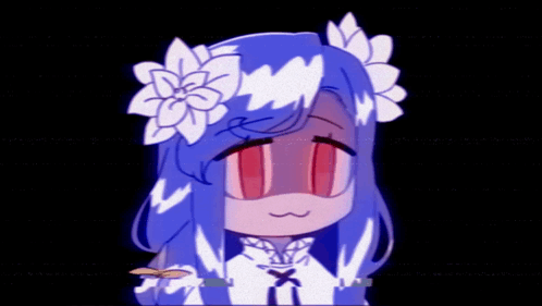 a girl with blue hair and white flowers in her hair has red eyes