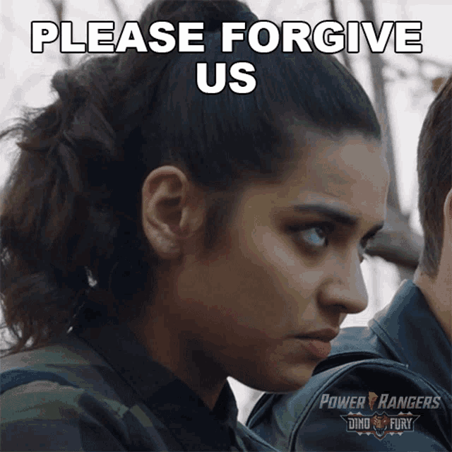 a poster for power rangers dino fury shows a woman looking at a man
