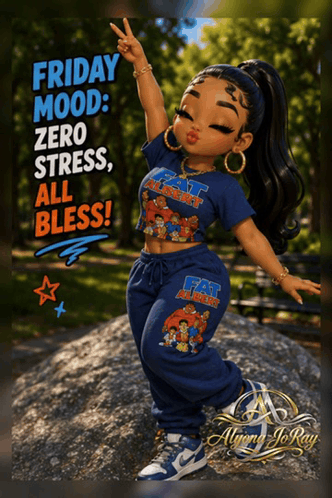 a cartoon of a girl with the words friday mood zero stress all bless on it