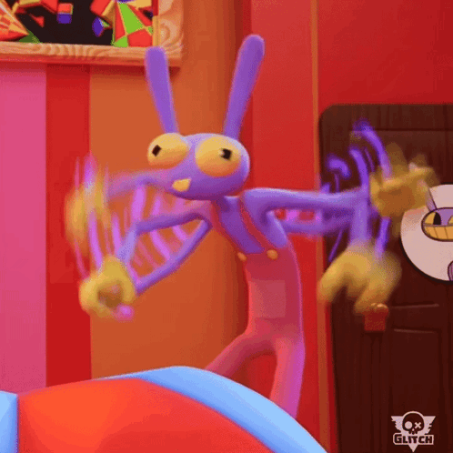 Jax from The Amazing Digital Circus flails his arms in a colorful room.