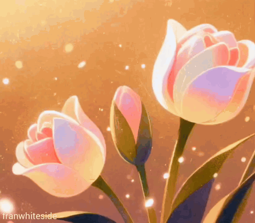 Pink tulips glow in a warm sunny illustration.