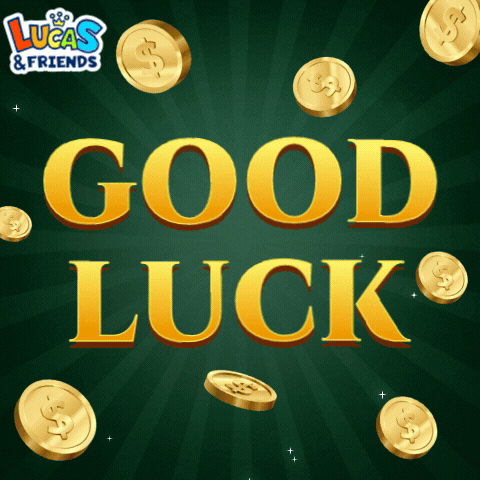 Gold coins frame large golden “GOOD LUCK” lettering on a dark green background.