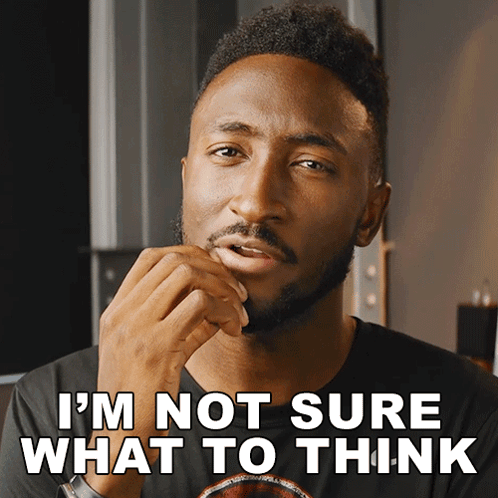 a man with a beard says " i 'm not sure what to think " with his hand on his chin
