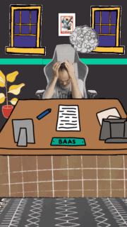 A cartoon person sits at a cluttered desk beneath storm clouds, looking overwhelmed.