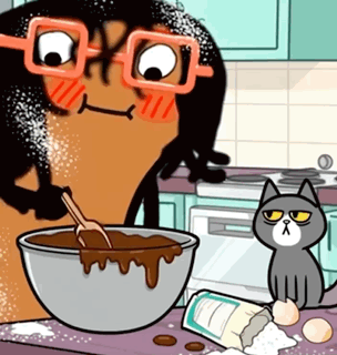 a cartoon of a cat looking at a bowl of batter