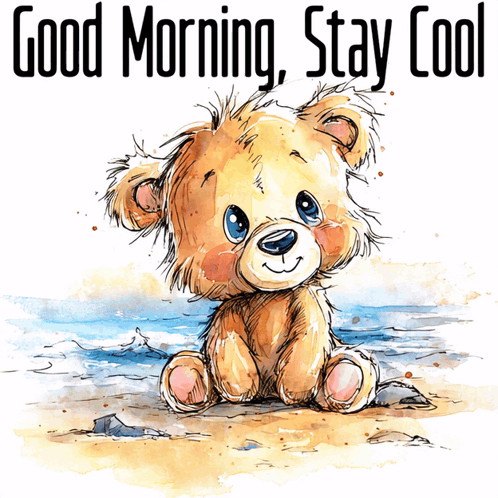 A watercolor teddy bear sits by water with “Good Morning, Stay Cool.”