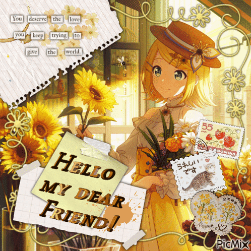 a picture of a girl holding a bouquet of sunflowers and a note that says hello my dear friend