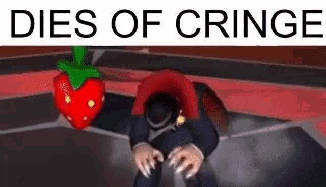 a man is kneeling down next to a strawberry with the words `` dies of cringe '' written above him .