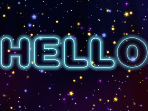 Neon blue “HELLO” lettering glows against a starry space background.
