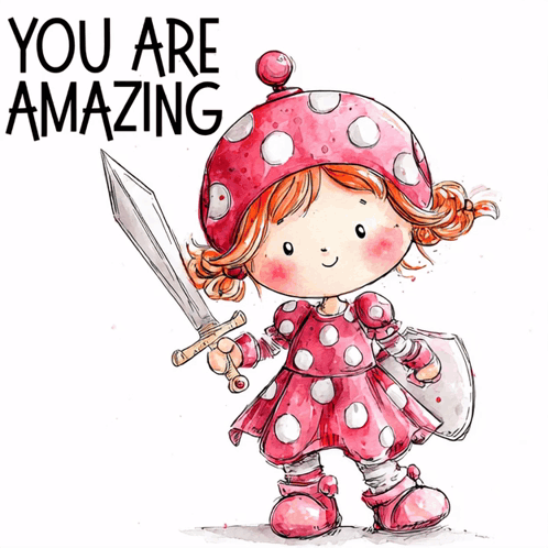 a girl holding a sword and shield with the words you are amazing behind her