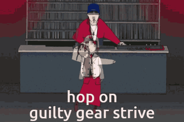 a cartoon of a man and woman with the words hop on guilty gear strive above them