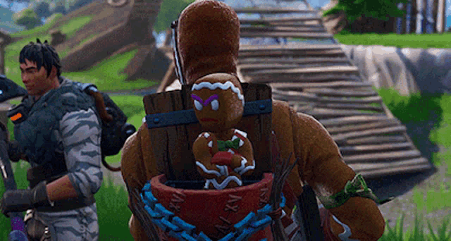 a gingerbread man is chained to a wooden barrel .