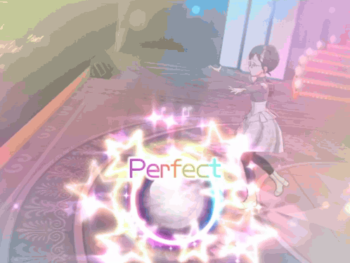a girl in a video game is surrounded by a circle that says perfect