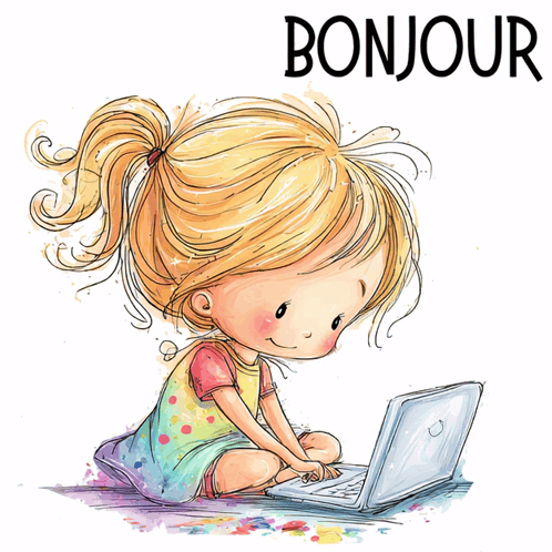a little girl is sitting on the floor using a laptop with the word bonjour written above her