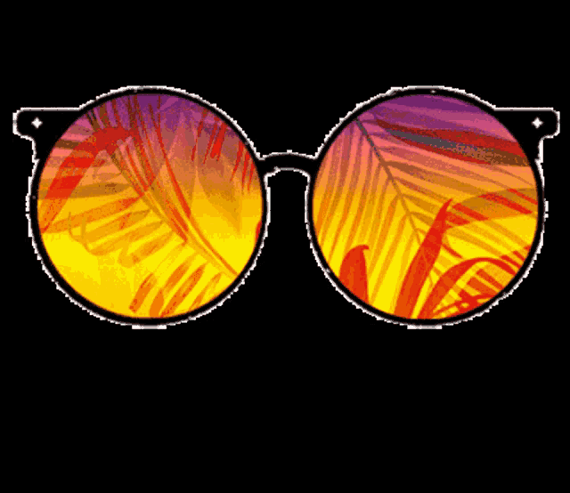 a pair of round sunglasses with a reflection of palm leaves
