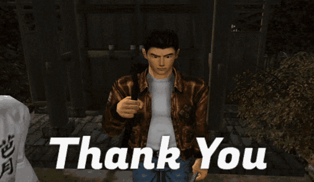 a man in a brown jacket is standing in front of a thank you sign