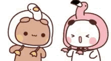 Two cute round cartoon characters stand side by side, one nodding.