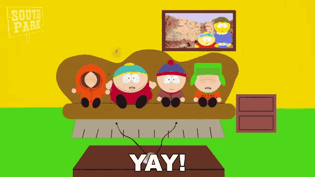 south park characters sitting on a couch watching tv