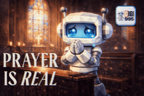 a robot praying in a church with the words " prayer is real " below it