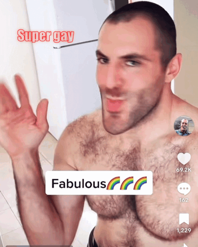 a shirtless man with the words super gay and fabulous written on his chest