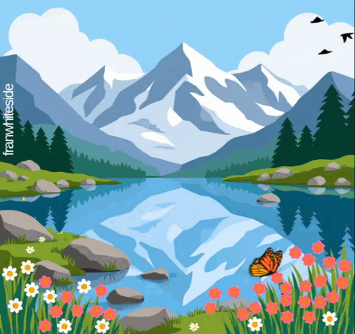 An illustrated mountain lake and flower meadow appears beneath a blue sky.