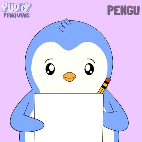 A blue penguin holds a white sign on a purple background.